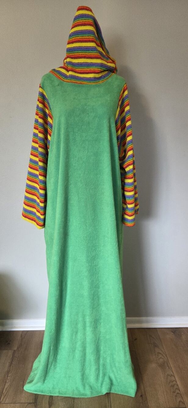Vintage 70s Sears Rainbow Green Terrycloth Maxi Loungewear Dress Acrylic Neck